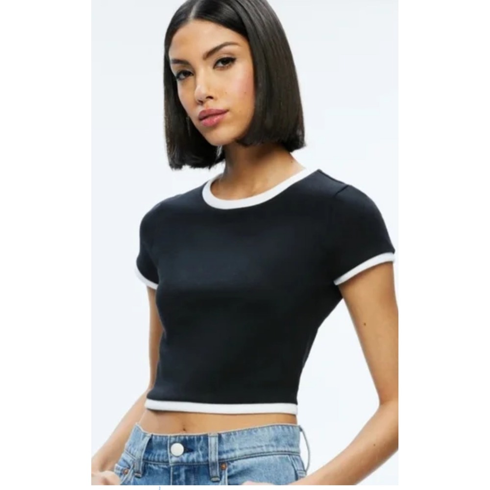 Alice + Olivia Ringer Tee Women Medium Black Excellent Cropped CL000W50002